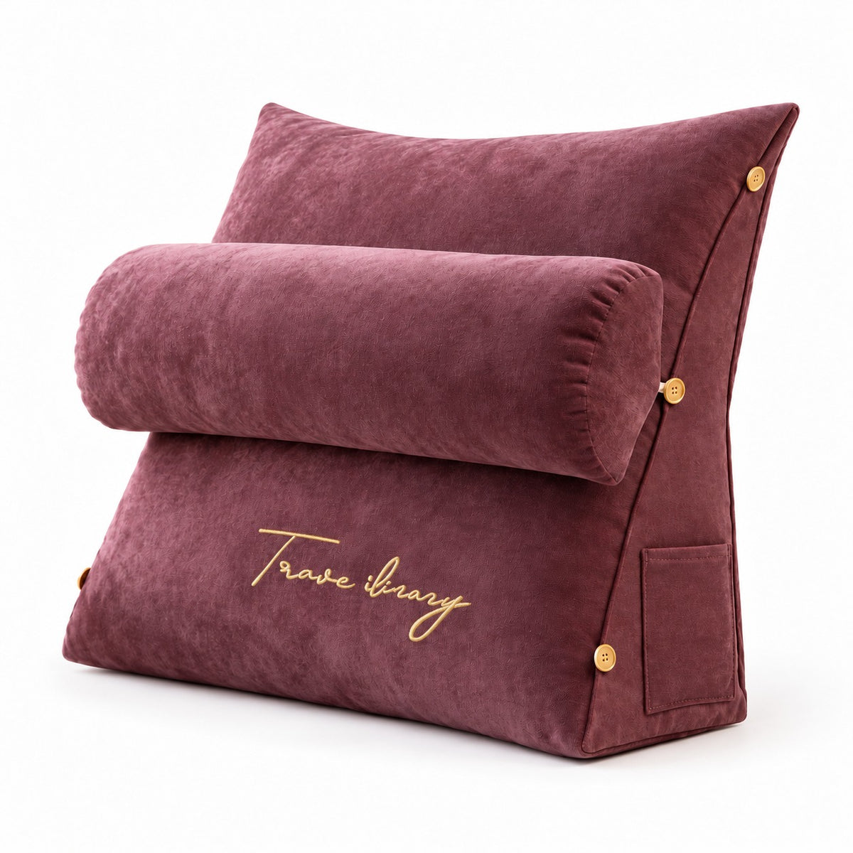 Plum wedge reading pillow with neck roll, three-quarter view