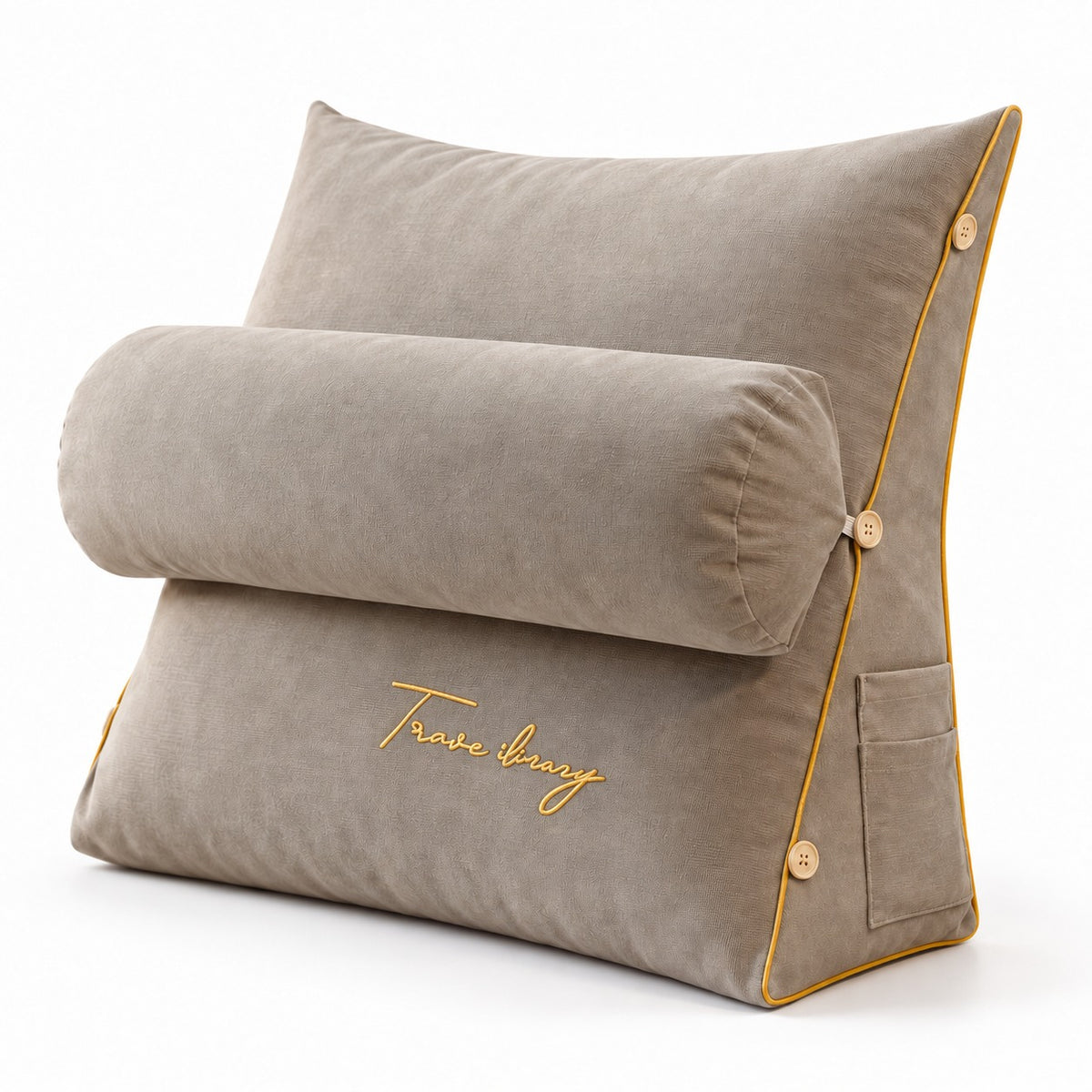 Stone wedge reading pillow with neck roll, three-quarter view