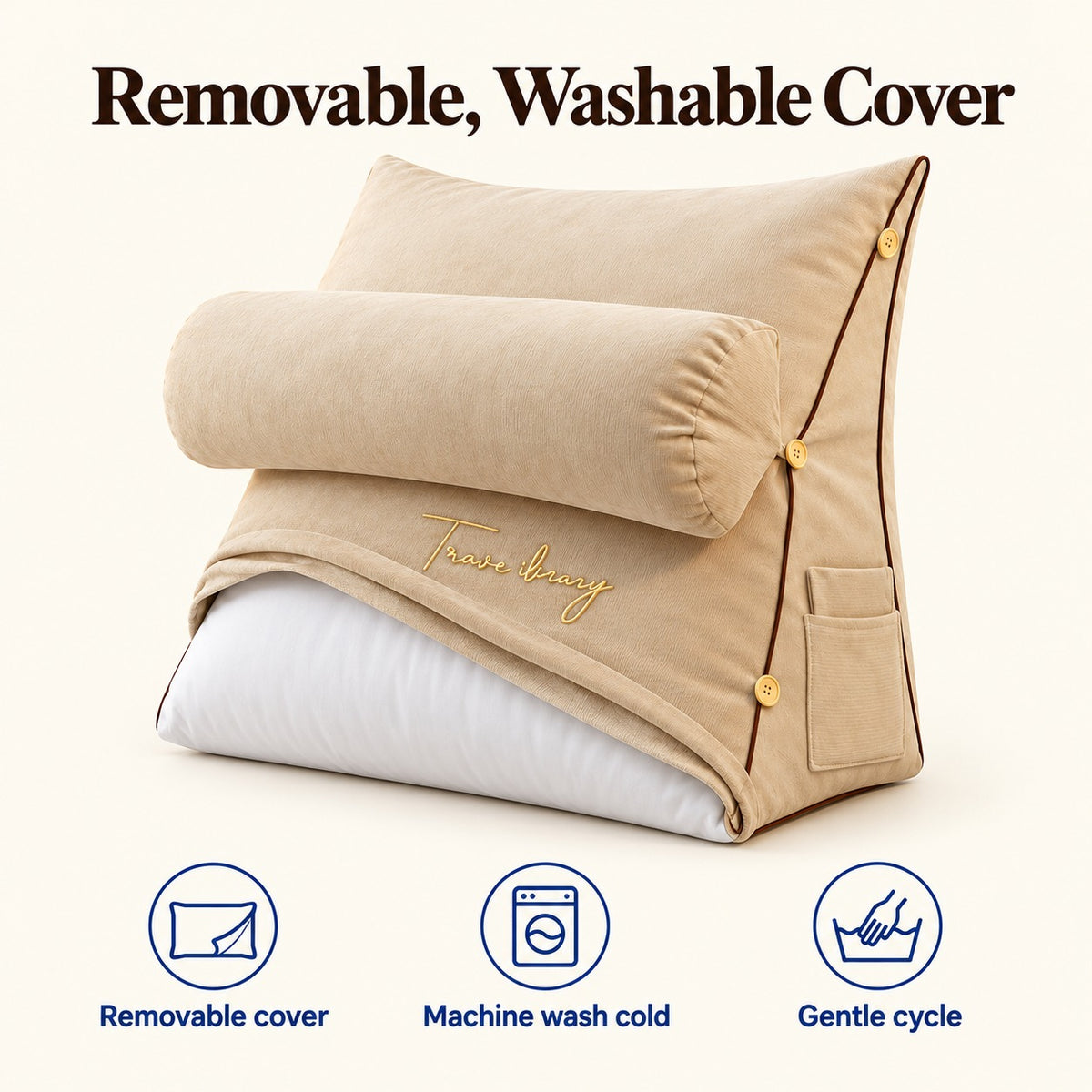 Wedge pillow with its removable cover pulled halfway up to show the washable inner pillow