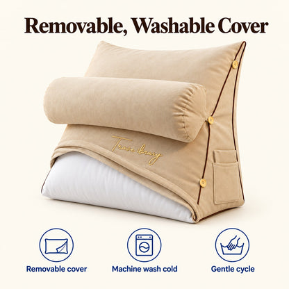 Wedge pillow with its removable cover pulled halfway up to show the washable inner pillow