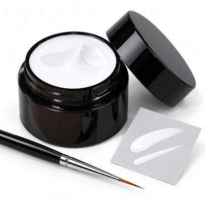 Jar of White painting gel with a fine brush and white strokes